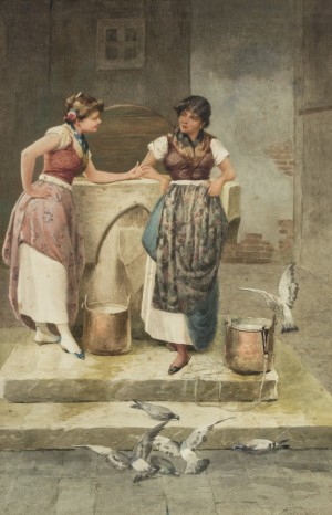 Two women chatting by the well